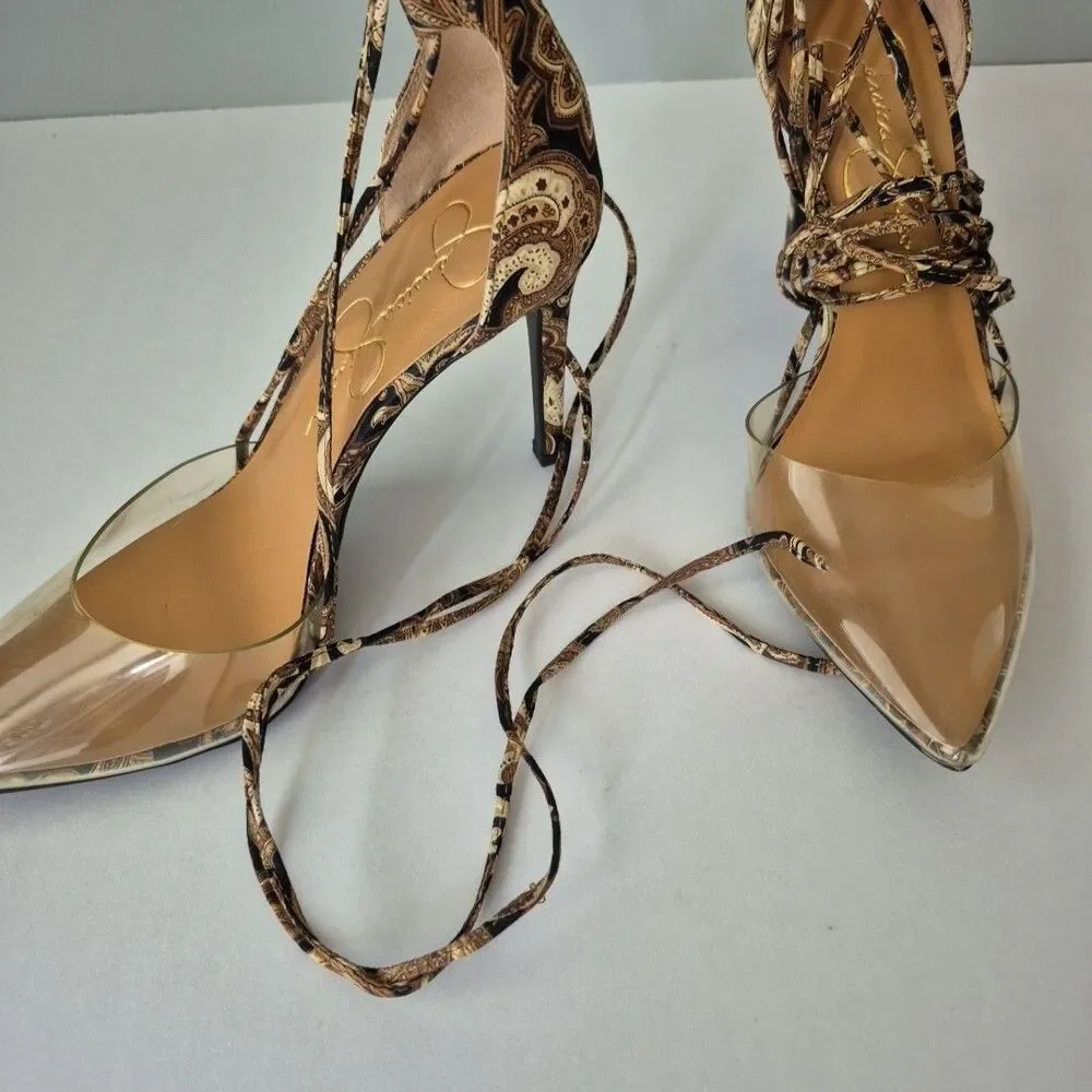 Jessica Simpson Brown Black Paisley Hemmie Wrap Around Calf High Heels Womens 6M